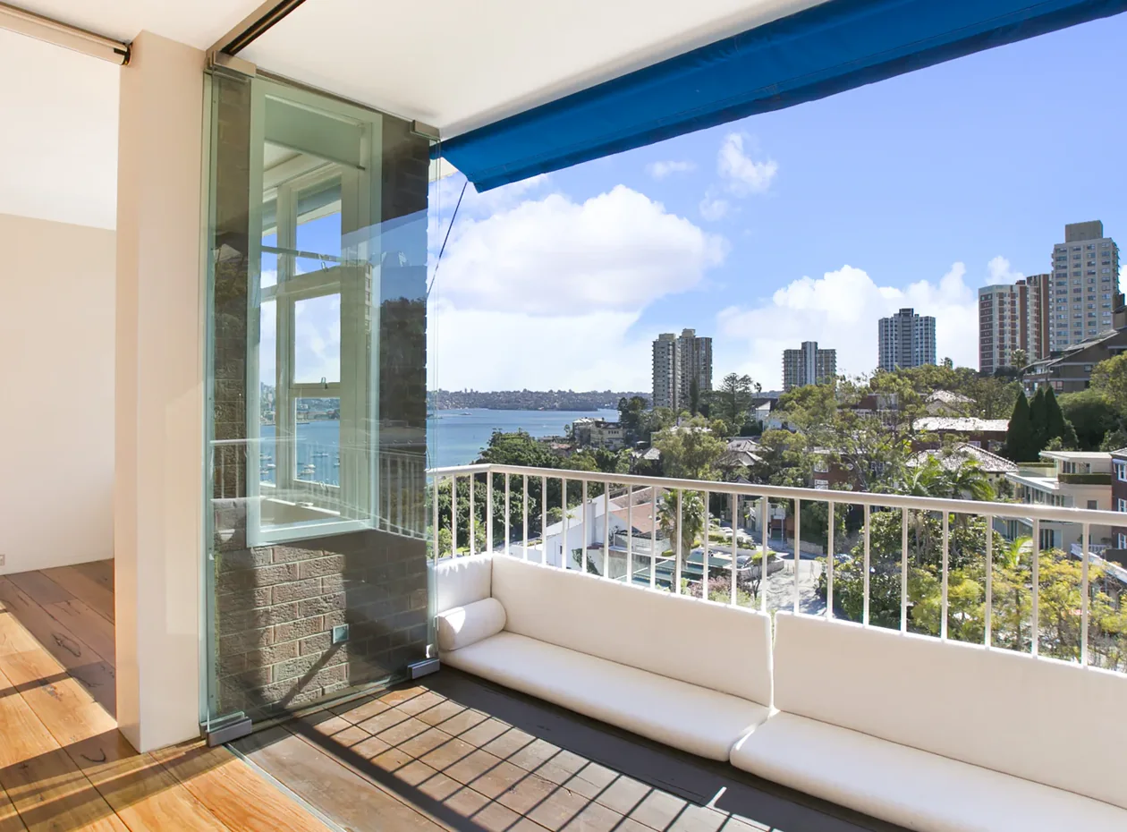 Illustrative balcony and city view